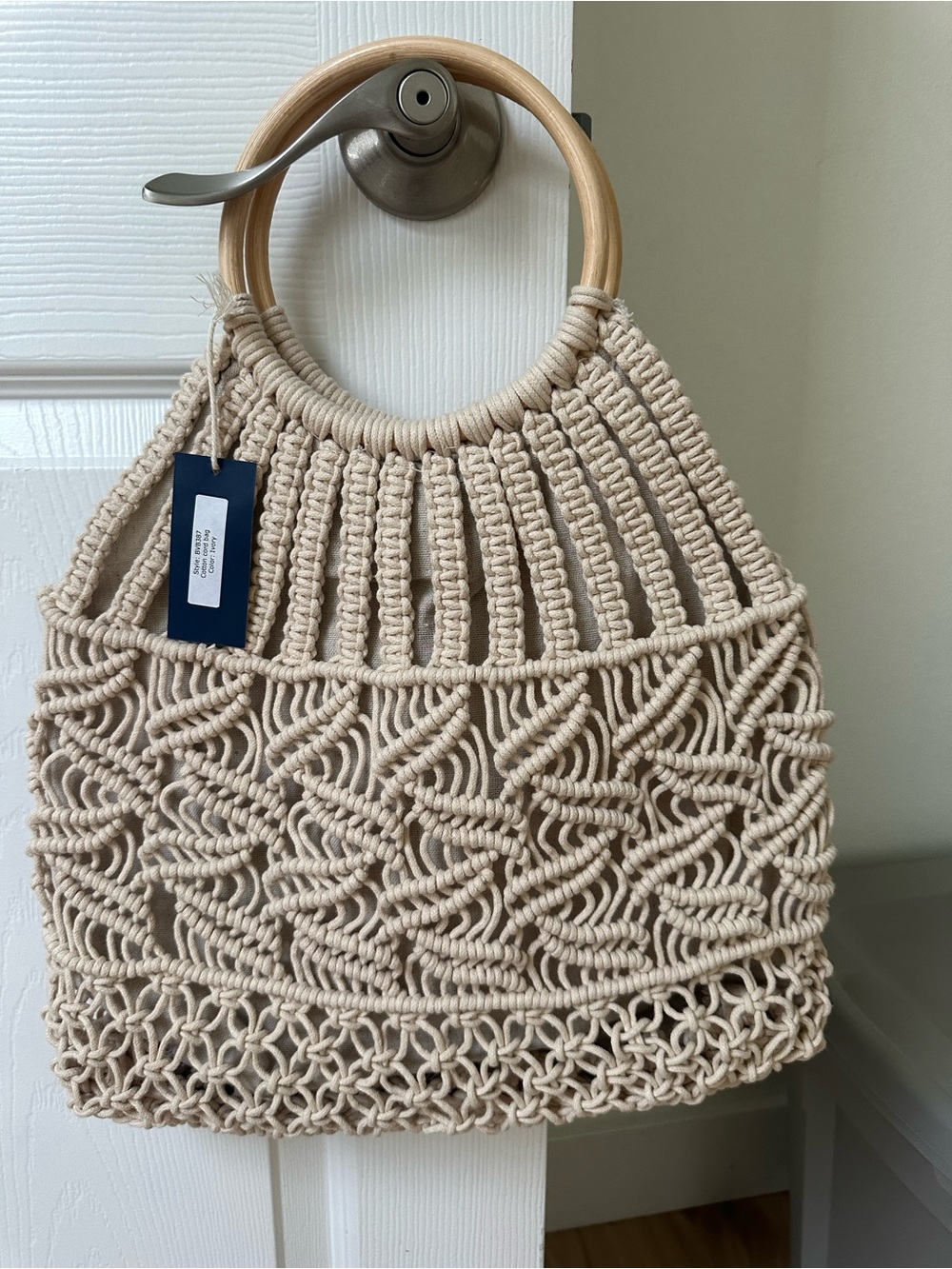 Hat Attack Cream Crochet Hobo Bag with Wooden Ring-Handle - Picture 1 of 6
